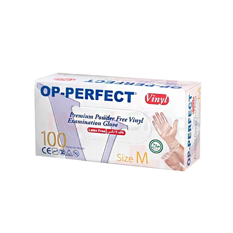 دستکش وینیل op perfect سایز M مدیوم بسته بندی 100 عددی