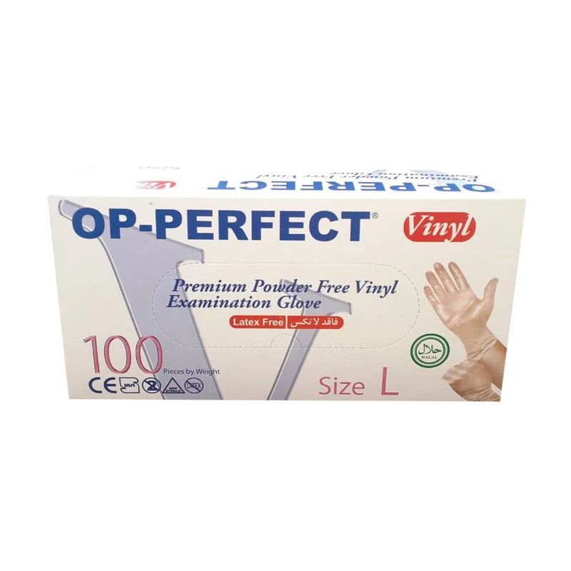 دستکش وینیل op perfect سایز L لارج بسته بندی 100 عددی